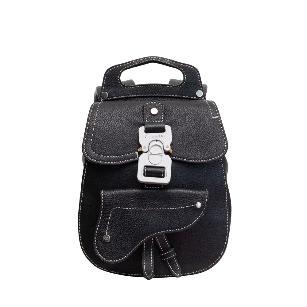 Christian Dior Black Grained Leather Gallop Saddle Backpack CD Buckle 23-BO-1128